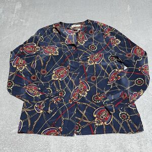 Vintage Talbots Shirt Womens 4 Navy Blue Silk Equestrian‎ Western Button Up